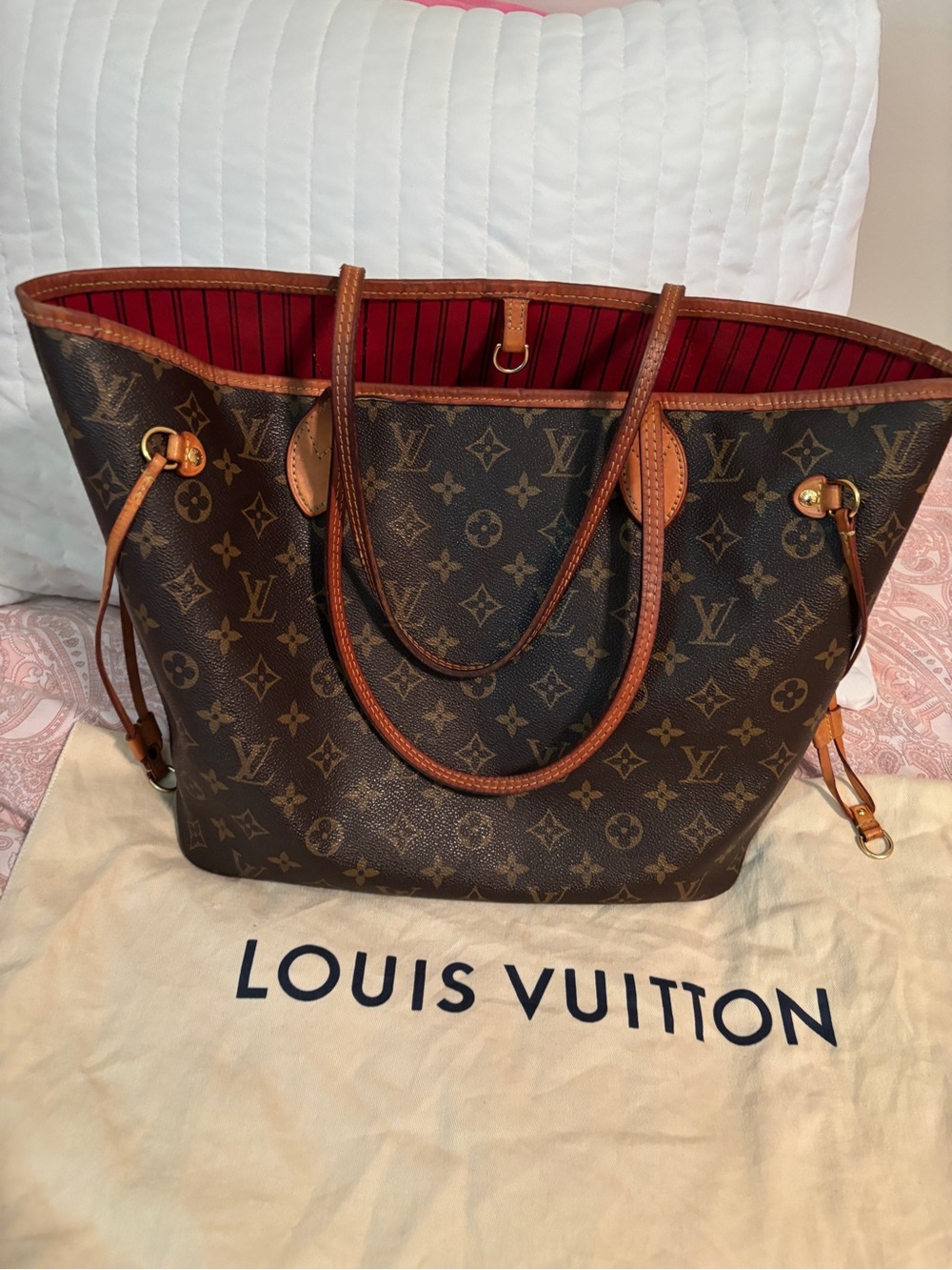 Louis Vuitton Brown Monogram Canvas Tote with Red Interior